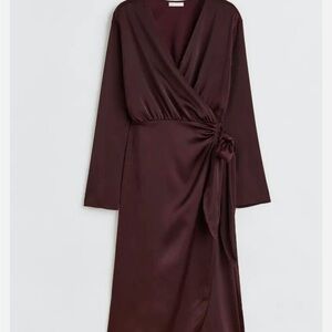 H&M BURGUNDY SATIN WRAP FRONT MIDI DRESS MEDIUM NWT